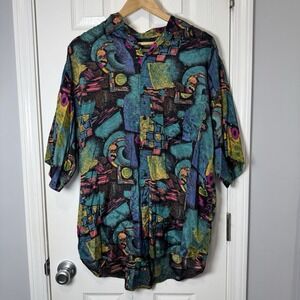 Vintage 80s 90s Code Zero Shirt Mens M Funky Abstract Geometric Paisley Rayon